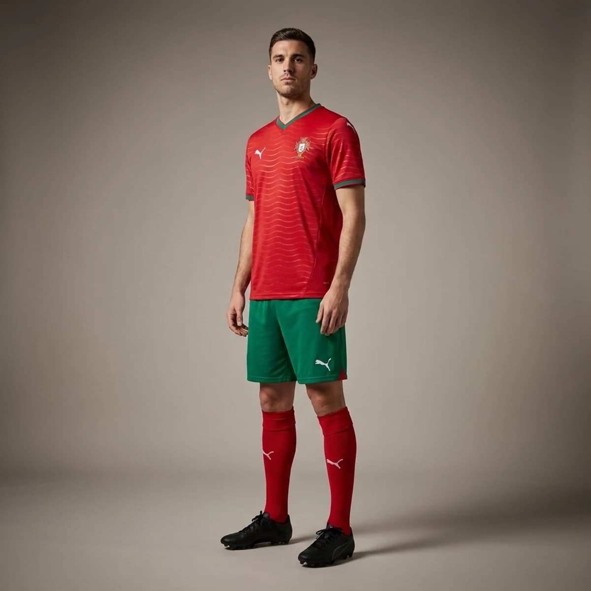Portugal Thuisshirt 2026 — driekwart zijaanzicht op model in compleet thuistenue