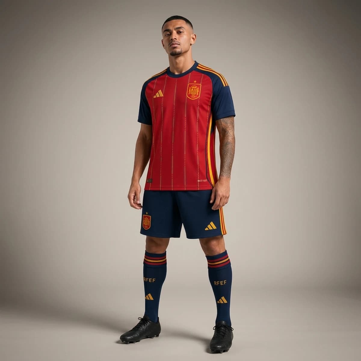 Spanje Thuisshirt 2026 — gedragen door model in compleet thuistenue met bijpassende broek en sokken