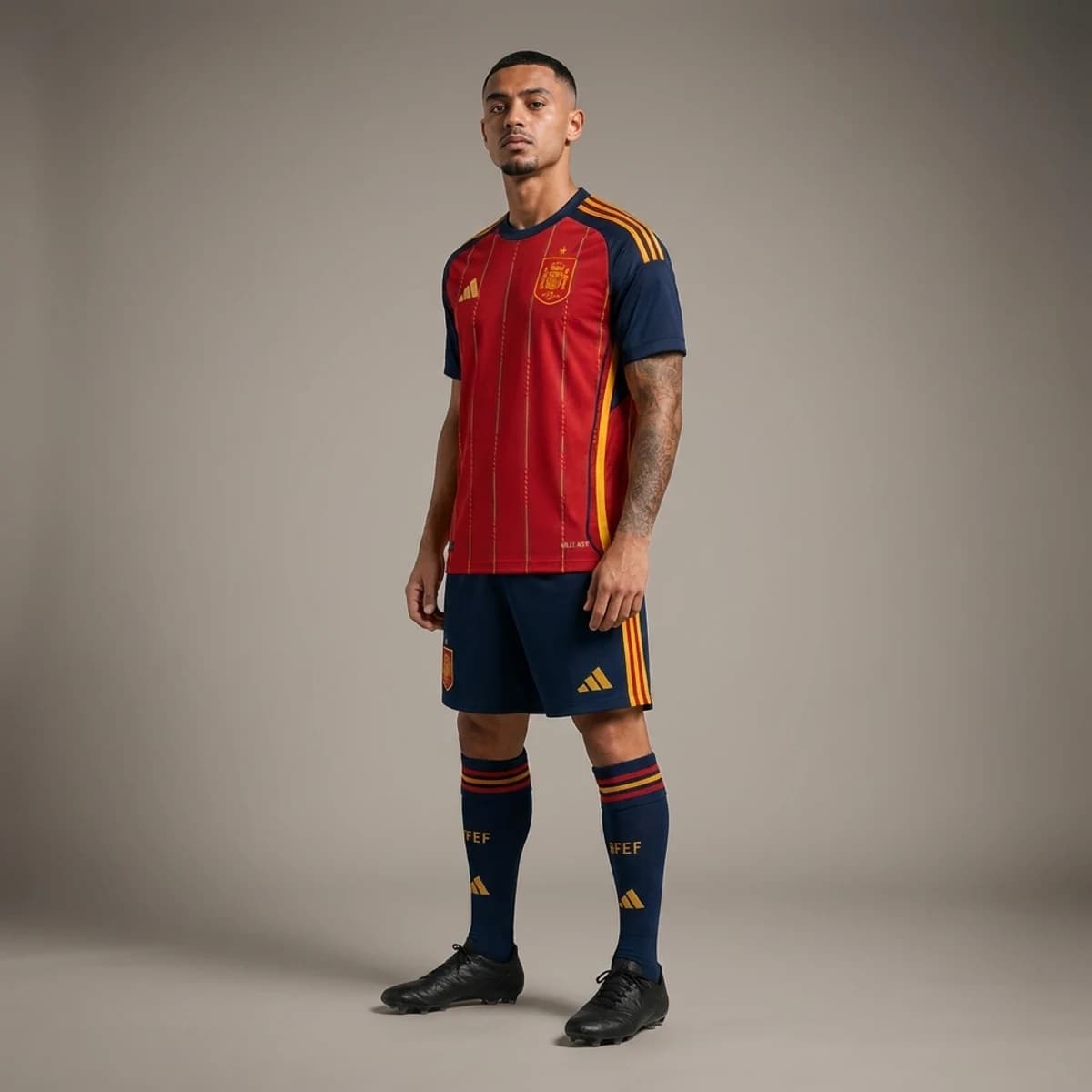 Spanje Thuisshirt 2026 — driekwart zijaanzicht op model in compleet thuistenue