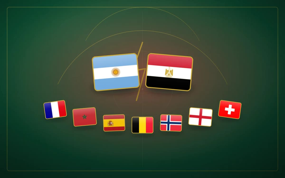Smaragdgroene WK 2026 nieuwscover met vlaggen van Argentinië, Egypte en kwartfinalisten