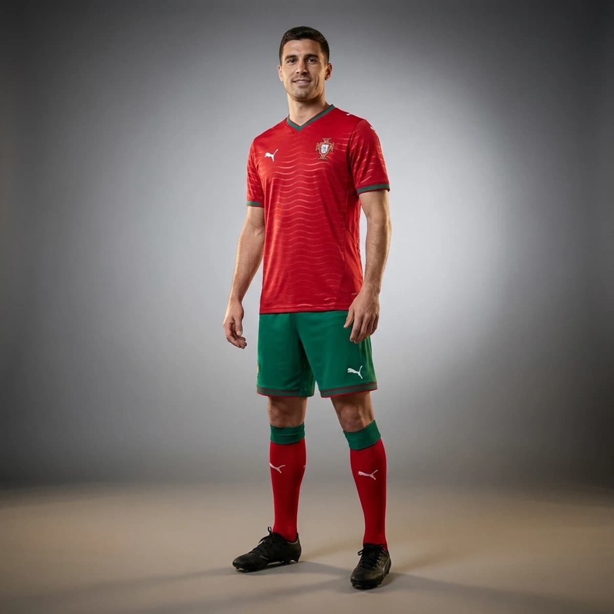 Portugal Thuisshirt 2026 — gedragen door model in compleet thuistenue met bijpassende broek en sokken
